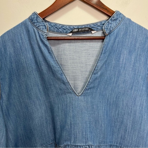 Zara Tiered Denim Mini Dress Loose Flowy Minimalist Feminine Ruffles Size XL - Picture 4 of 9